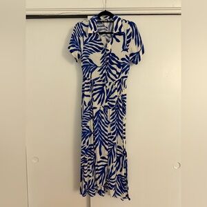 H&M Blue and White Leaf-Print Midi Dress